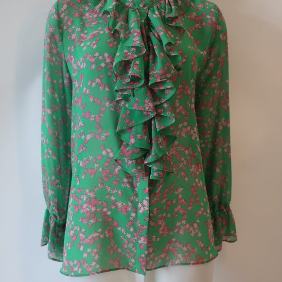 Womens Misa Los Angeles Green, Pink Floral Print Ruffle Button Down Blouse M - Picture 2 of 6
